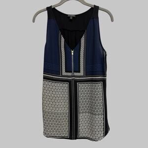 Express Womens Blue Black Geometric Tile Print Mixed Media Zip Tank Top Office M